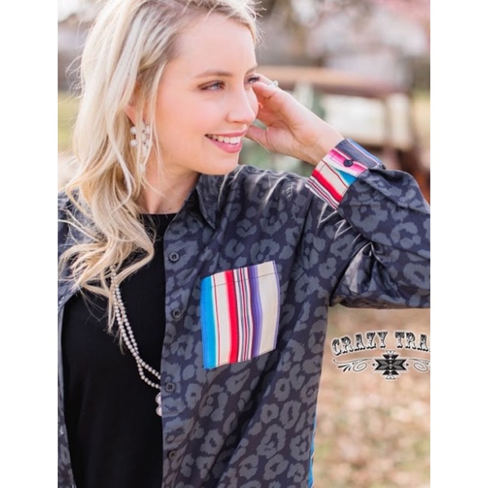 Crazy Train Maxi Button Down Aztec Blouse Leopard - Picture 5 of 10